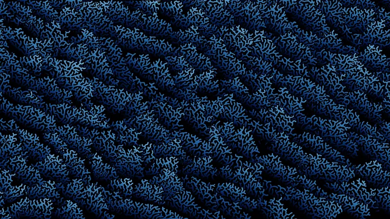 Motif Coral Blue avec des branches bleu clair et bleu nuit sur fond noir