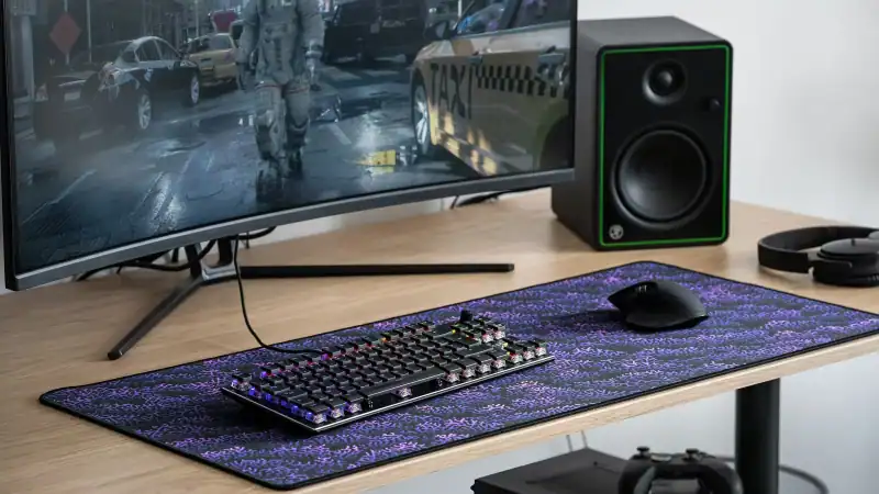 Tapis Pinea Coral violet sous un clavier et une souris, sur un bureau